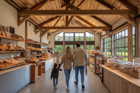 Busy farm shop bakery section with customers browsing pies and pastrie