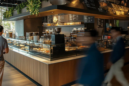 Café display featuring heat-and-eat pastries for fast customer service.