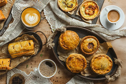 Assorted pies with coffee and rustic wooden board.