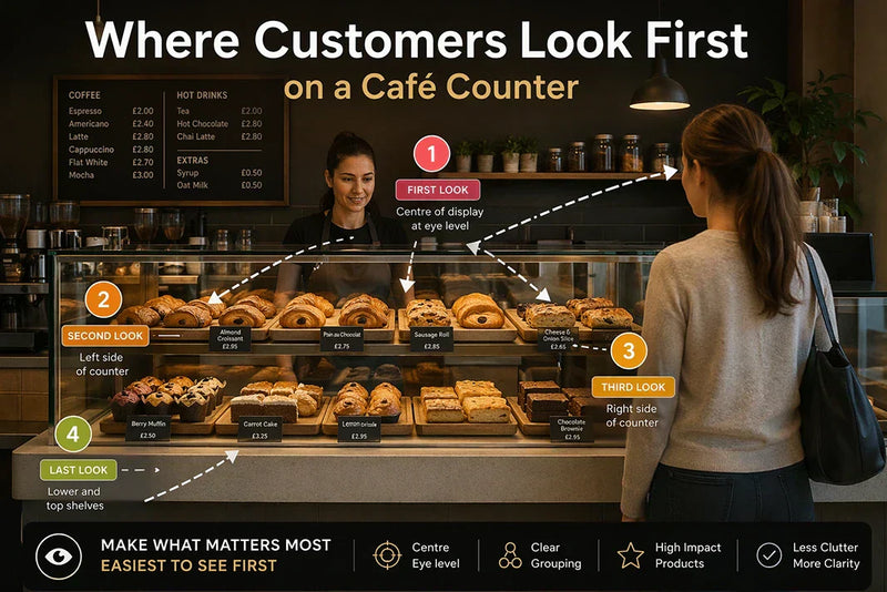 Where customers look first at a cafe counter 