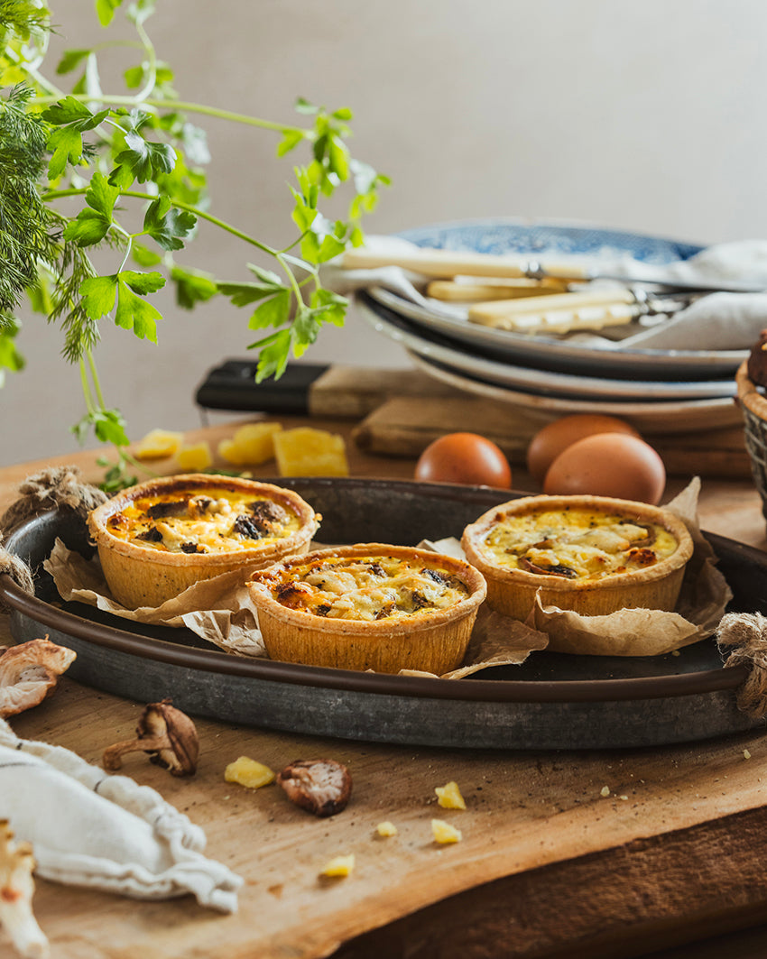Three Bacon & Mushroom Quiches in golden all-butter pastry