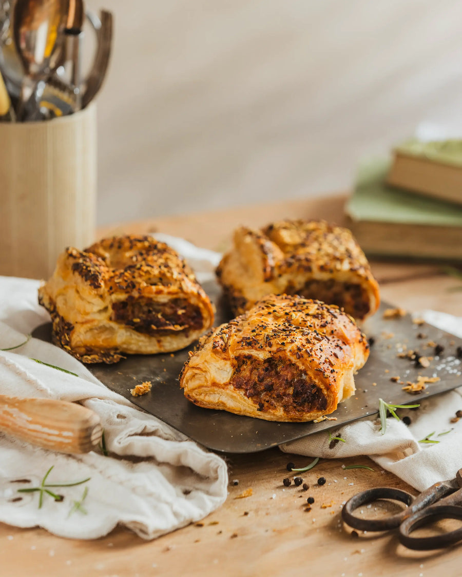 Three Original Gourmet Sausage Roll in all-butter puff pastry topped with mixed seeds.