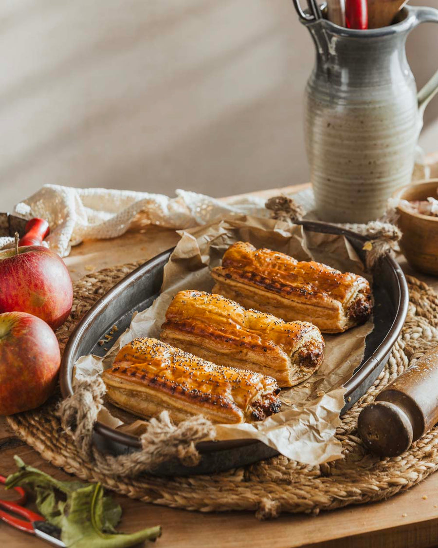 Three Pork & Apple Sausage Rolls in golden all-butter pastry