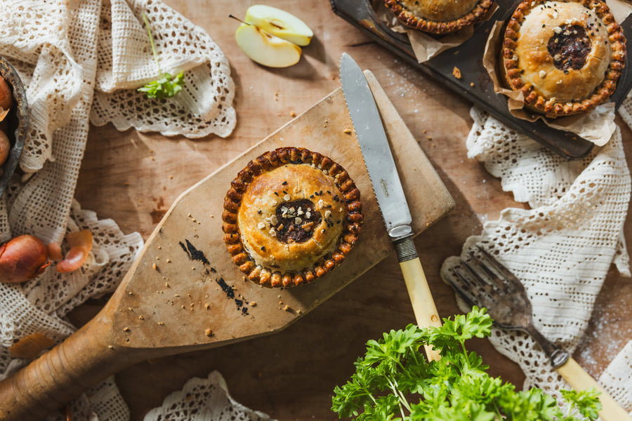Black Pudding & Apple Pork Pie in hot water crust pastry with oats